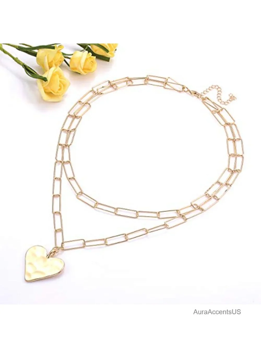 Layered Paper Clip Chain Choker Necklace Hammered Heart Pendant Gold Minimalist